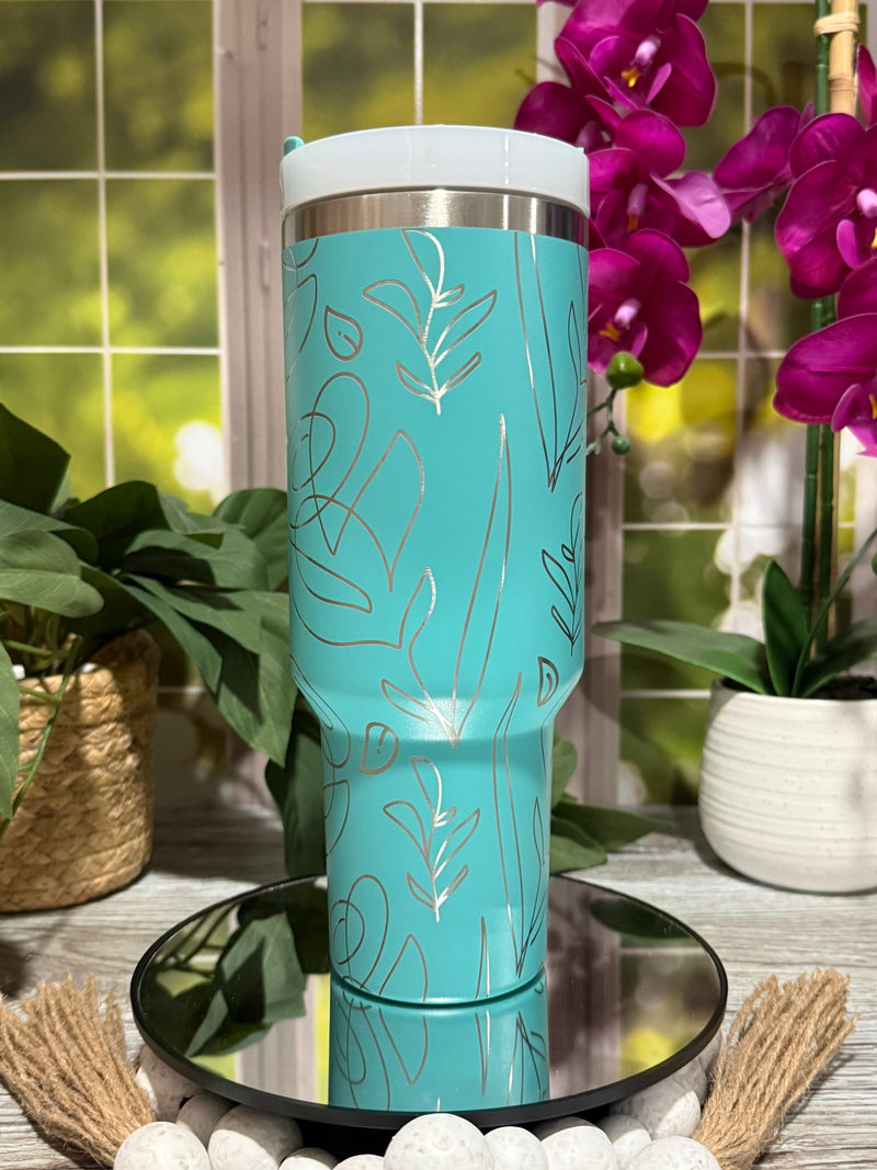 Abstract Flowers 40oz Teal Tumbler Cup with Handle – laser engraved Modern Floral Design, Ready to Ship