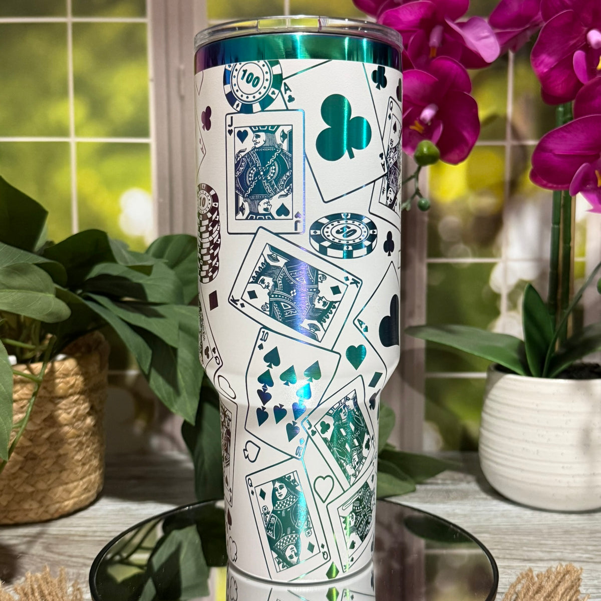 40oz white rainbow stainless steel tumbler cup without handle, laser engraved with playing cards, poker chips, and suits design – ready to ship.