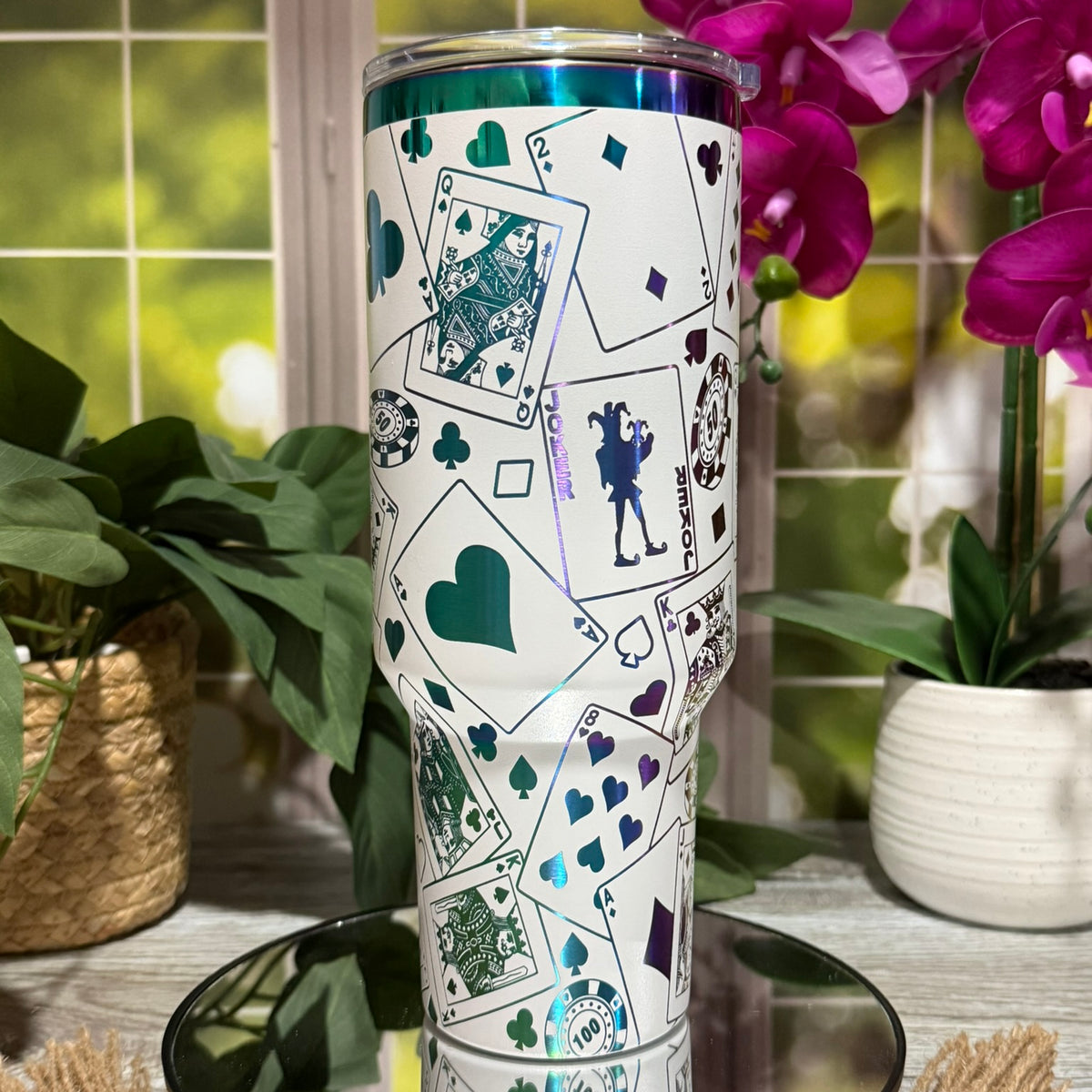 Playing Cards 40oz White Rainbow Tumbler Cup – laser engraved Poker & Casino Design, Ready to Ship