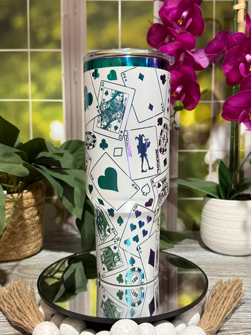 Playing Cards 40oz White Rainbow Tumbler Cup – laser engraved Poker & Casino Design, Ready to Ship