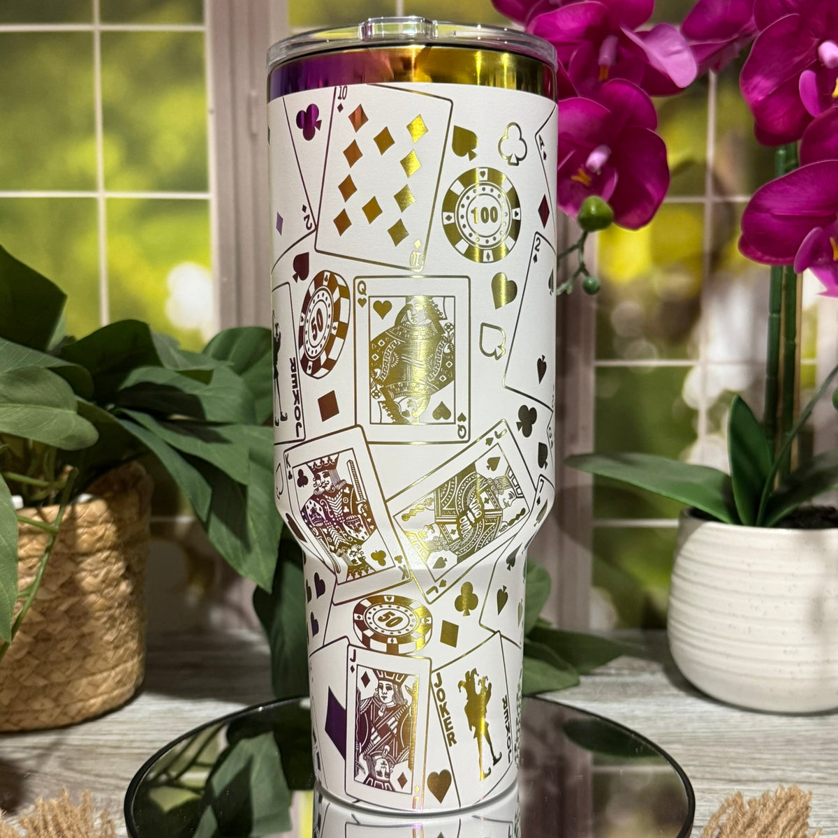 Playing Cards 40oz White Rainbow Tumbler Cup – laser engraved Poker & Casino Design, Ready to Ship