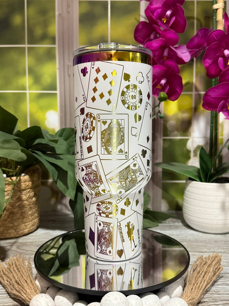 Playing Cards 40oz White Rainbow Tumbler Cup – laser engraved Poker & Casino Design, Ready to Ship