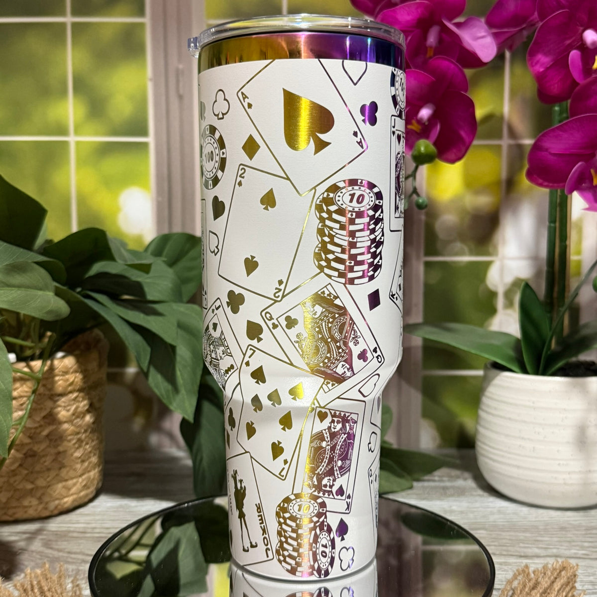 Playing Cards 40oz White Rainbow Tumbler Cup – laser engraved Poker & Casino Design, Ready to Ship