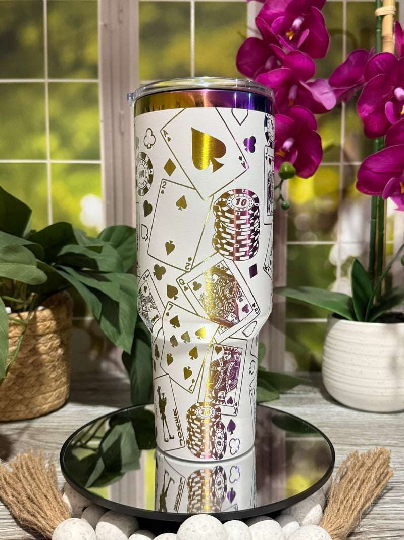 Playing Cards 40oz White Rainbow Tumbler Cup – laser engraved Poker & Casino Design, Ready to Ship