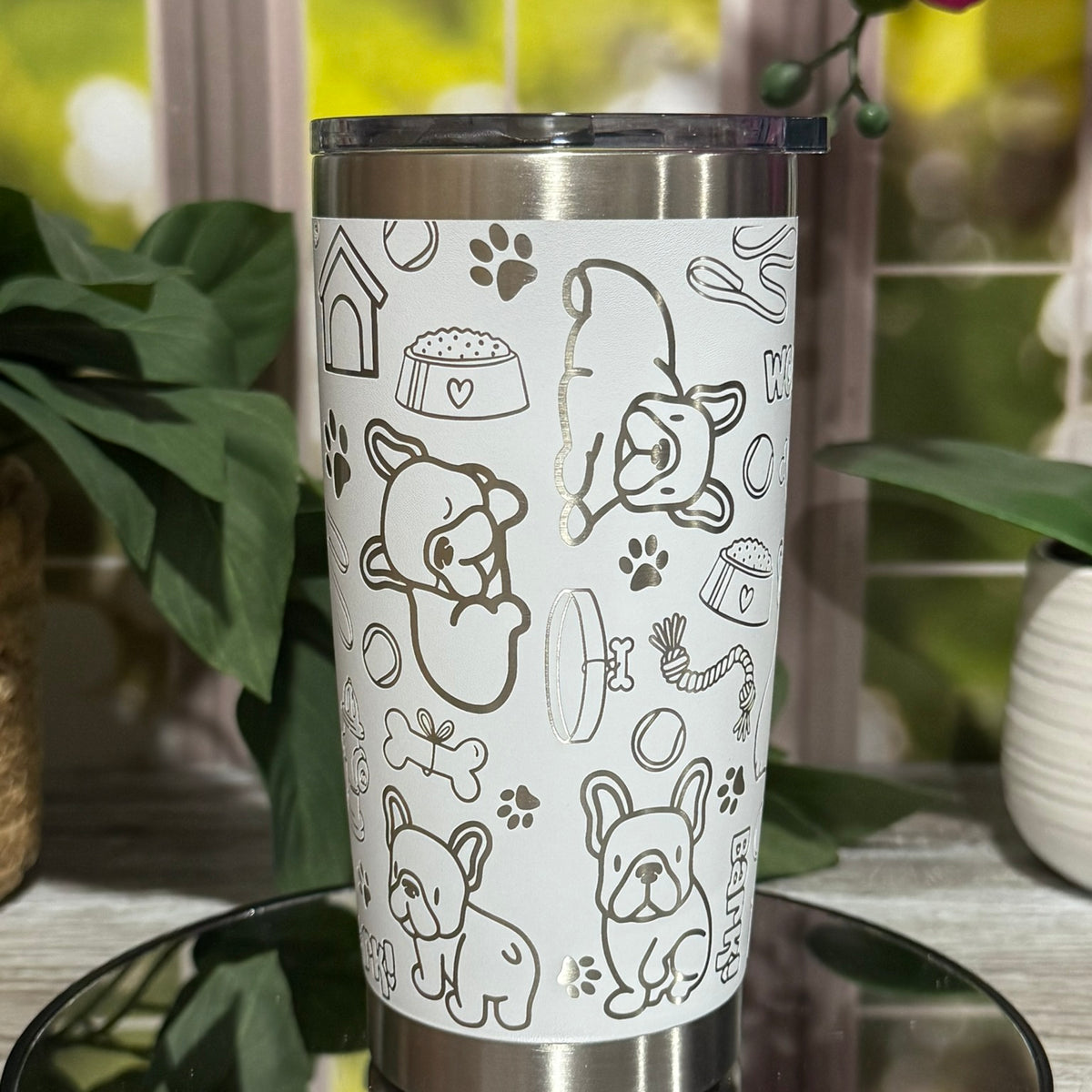20oz white stainless steel tumbler cup without handle, laser engraved with French Bulldog doodles, paw prints, and bones – ready to ship.