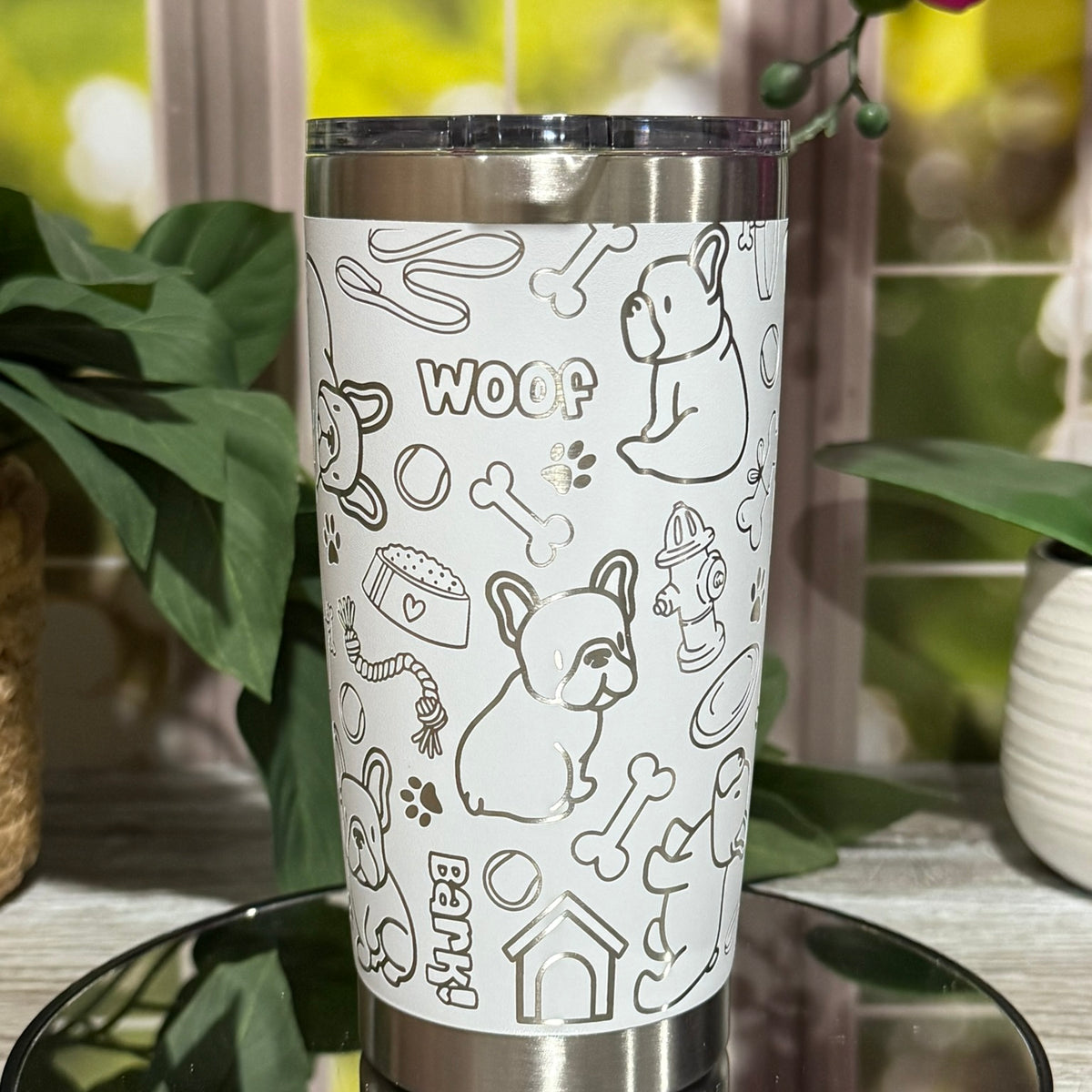 French Bulldog Doodles 20oz White Tumbler Cup – laser engraved Dog Lover Cup, Ready to Ship