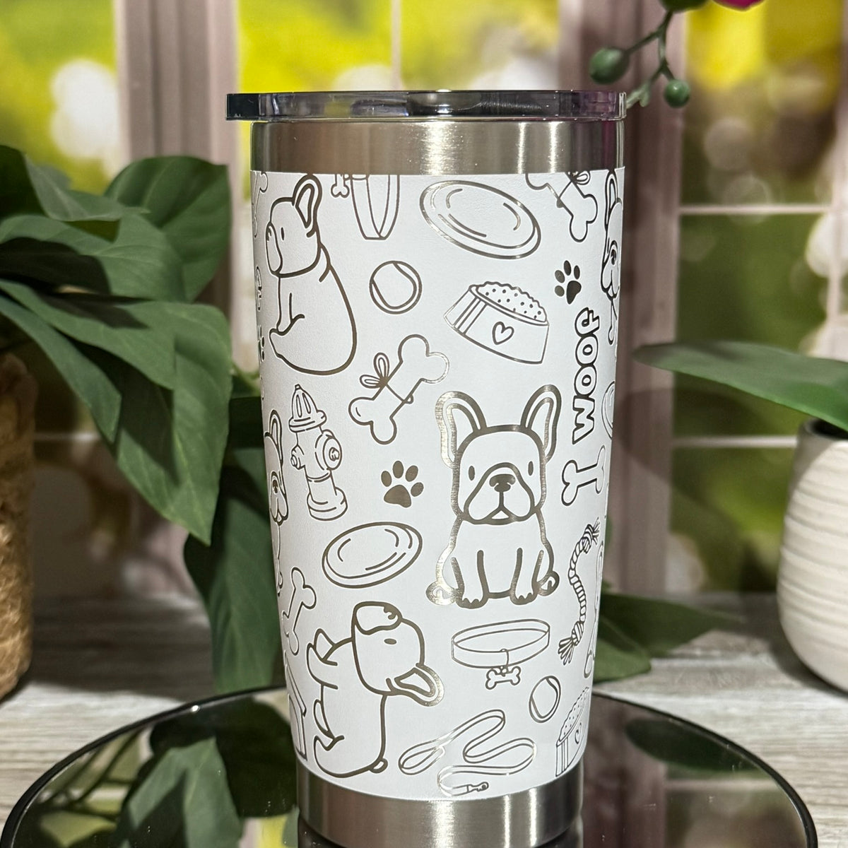 French Bulldog Doodles 20oz White Tumbler Cup – laser engraved Dog Lover Cup, Ready to Ship
