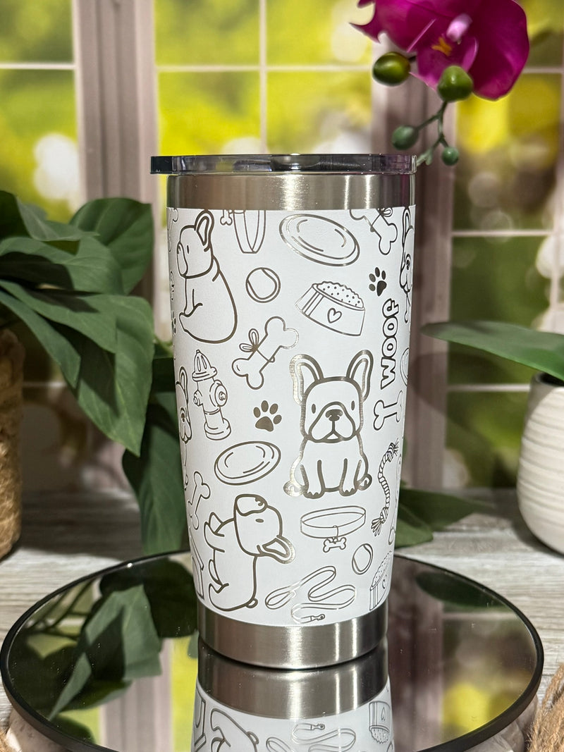 French Bulldog Doodles 20oz White Tumbler Cup – laser engraved Dog Lover Cup, Ready to Ship