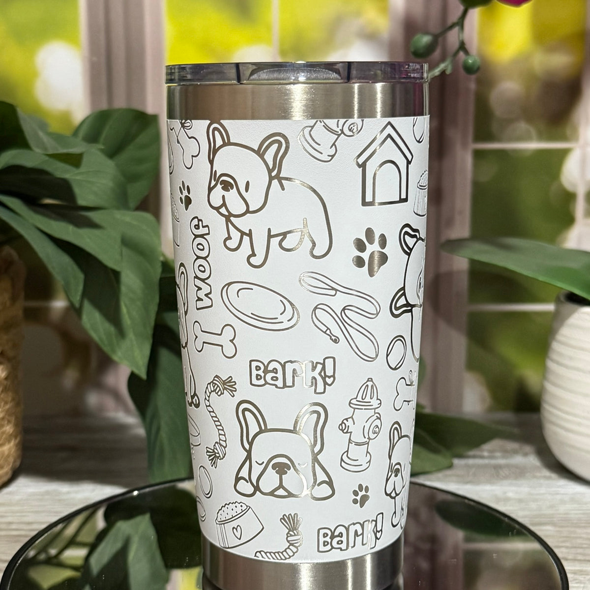 French Bulldog Doodles 20oz White Tumbler Cup – laser engraved Dog Lover Cup, Ready to Ship