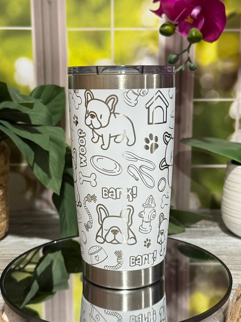 French Bulldog Doodles 20oz White Tumbler Cup – laser engraved Dog Lover Cup, Ready to Ship