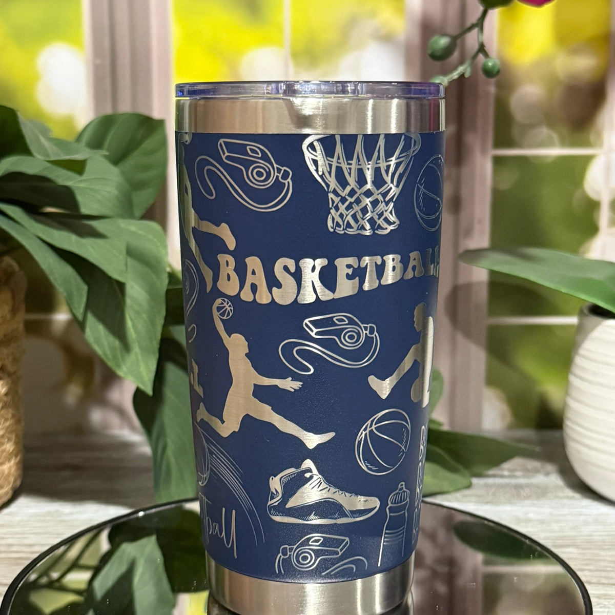 20oz Stormy Sea stainless steel tumbler cup without handle, laser engraved with basketball design including hoops, sneakers, and player silhouettes – ready to ship.