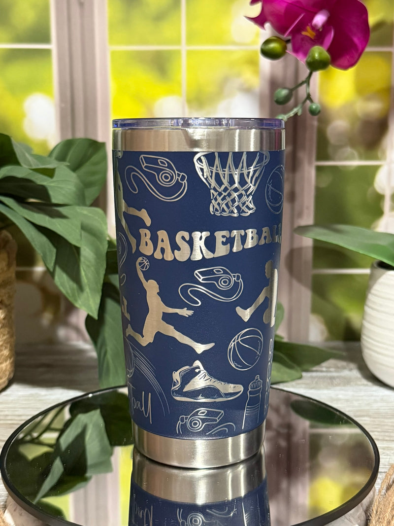 20oz Stormy Sea stainless steel tumbler cup without handle, laser engraved with basketball design including hoops, sneakers, and player silhouettes – ready to ship.