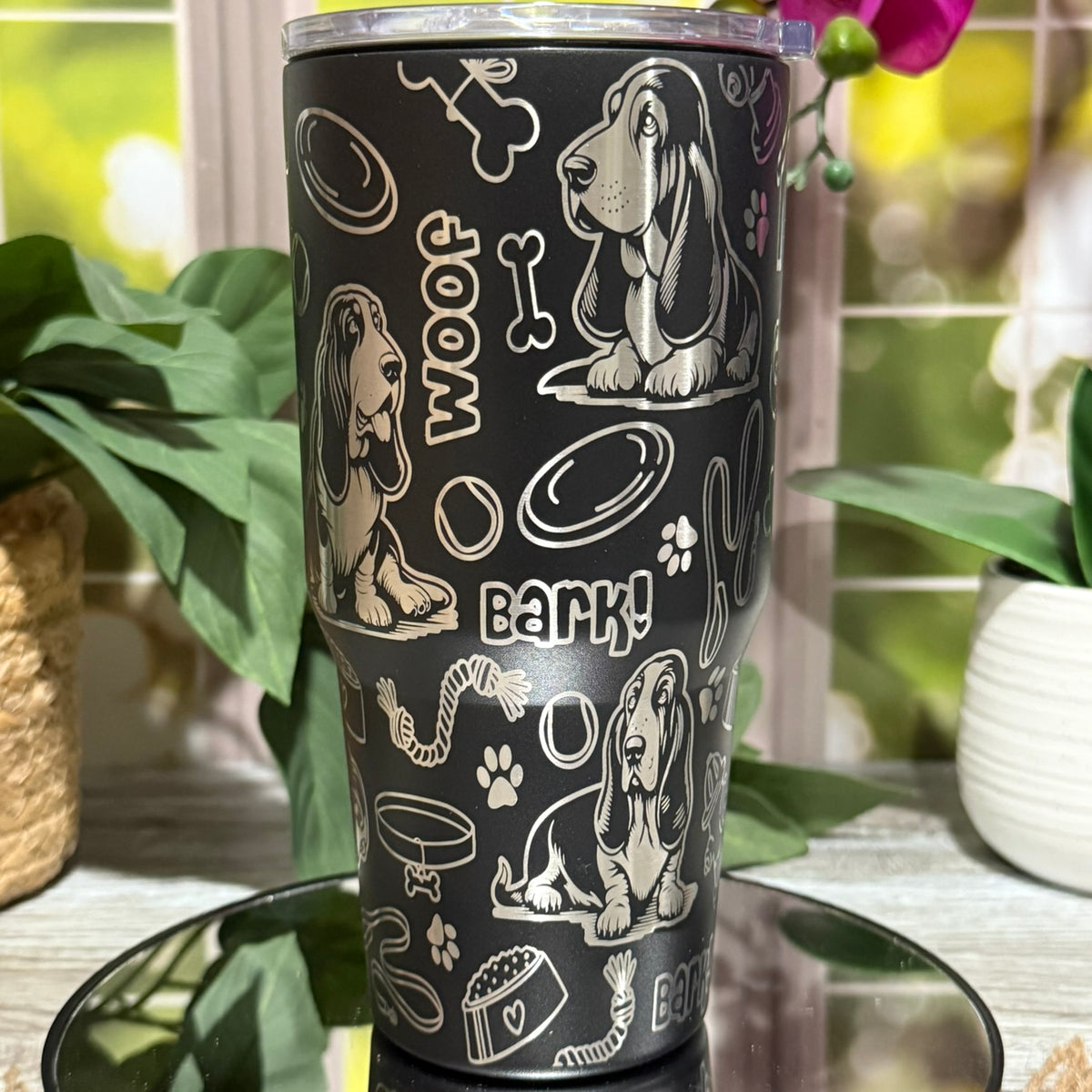 30oz black stainless steel tumbler cup without handle, laser engraved with Basset Hound doodles, paw prints, and bones – ready to ship.