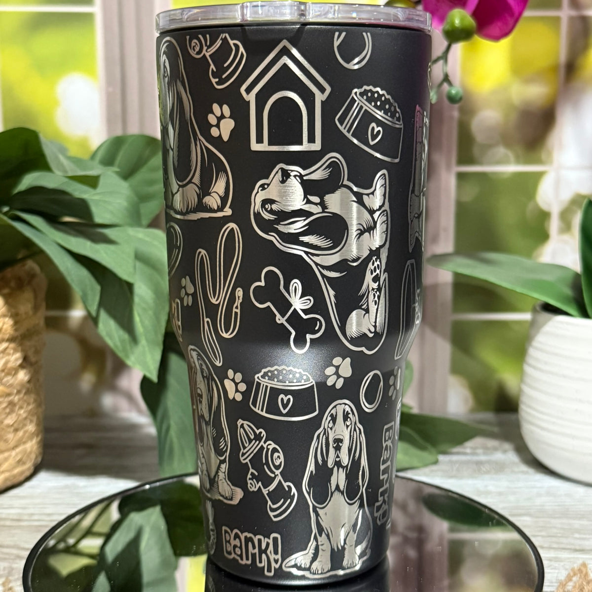 Basset Hound Doodles 30oz Black Tumbler Cup – laser engraved Dog Lover Cup, Ready to Ship