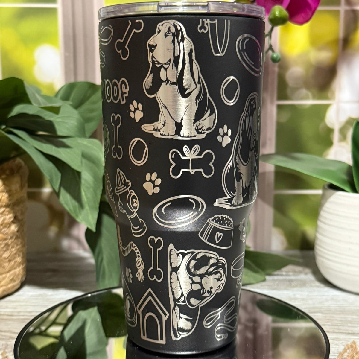 Basset Hound Doodles 30oz Black Tumbler Cup – laser engraved Dog Lover Cup, Ready to Ship