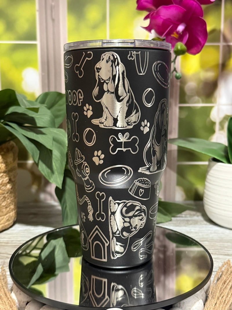 Basset Hound Doodles 30oz Black Tumbler Cup – laser engraved Dog Lover Cup, Ready to Ship