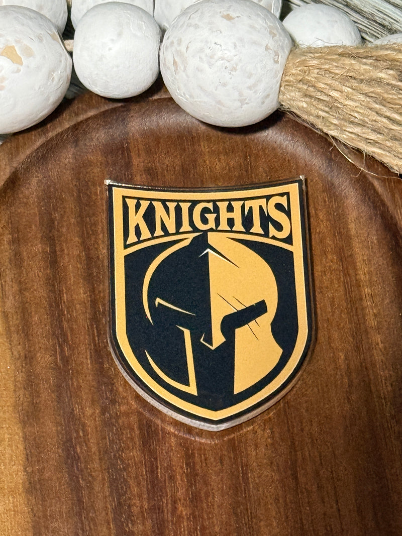 Custom acrylic magnet featuring the Canandaigua Knights team logo, UV printed on a clear-cut acrylic badge