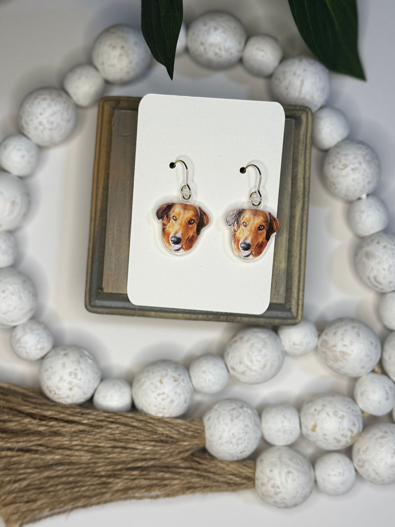 UV printed acrylic earrings shaped like a pet's face, shown with dog photo