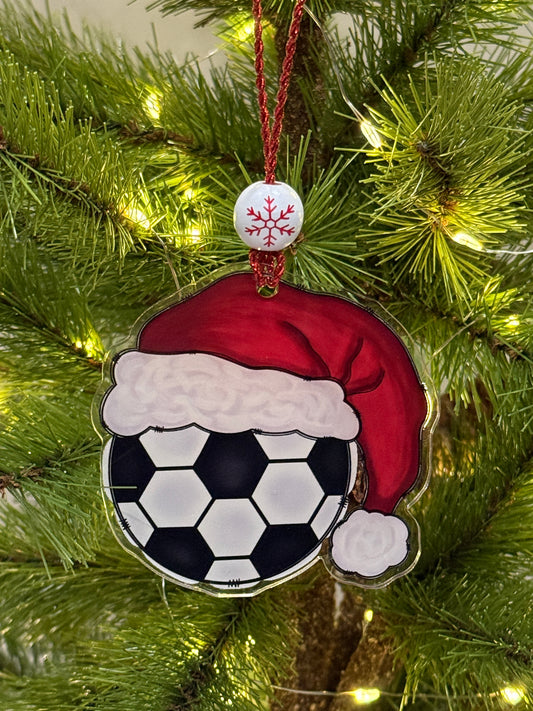 Sports Santa Hat Ornament Laser Engraved Holiday Decor, Custom Acrylic Christmas Gift