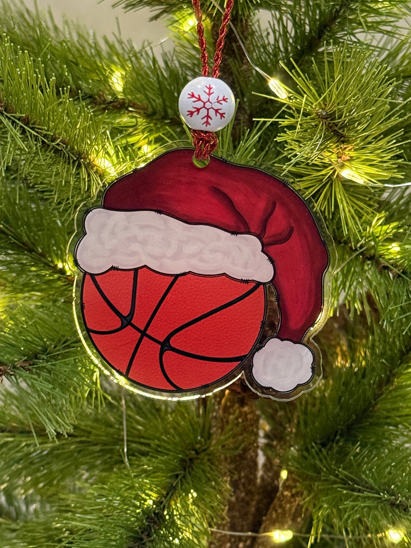 Sports Santa Hat Ornament Laser Engraved Holiday Decor, Custom Acrylic Christmas Gift