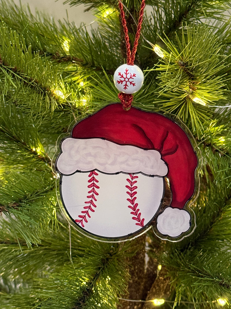 Sports Santa Hat Ornament Laser Engraved Holiday Decor, Custom Acrylic Christmas Gift