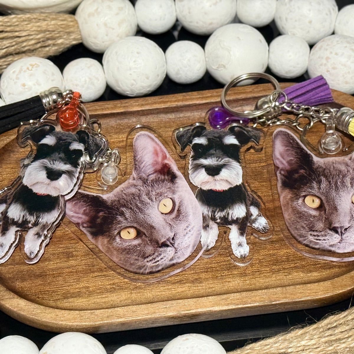 Custom acrylic pet portrait keychain with UV printed cat or dog photo and colorful tassel