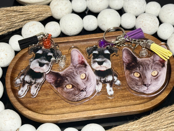 Custom acrylic pet portrait keychain with UV printed cat or dog photo and colorful tassel