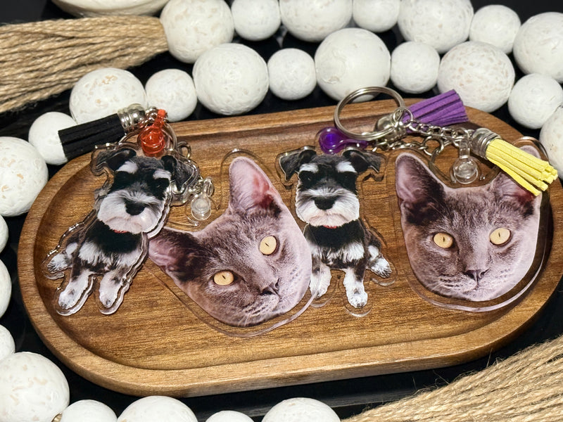 Custom acrylic pet portrait keychain with UV printed cat or dog photo and colorful tassel