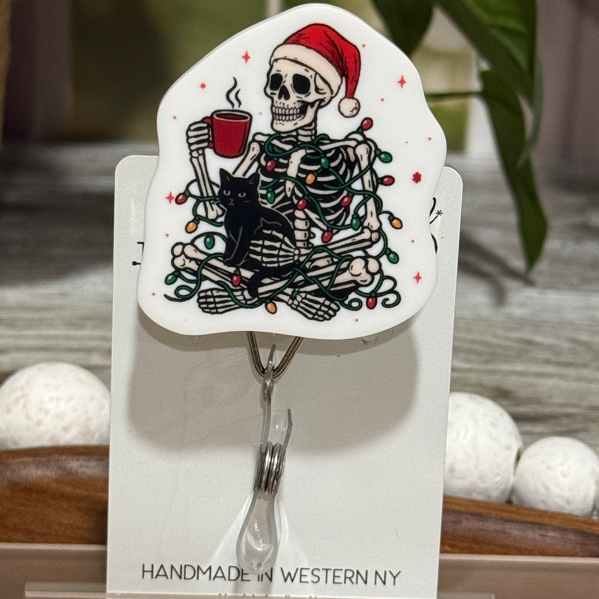 Christmas Skeleton and Black Cat Retractable Badge Reel