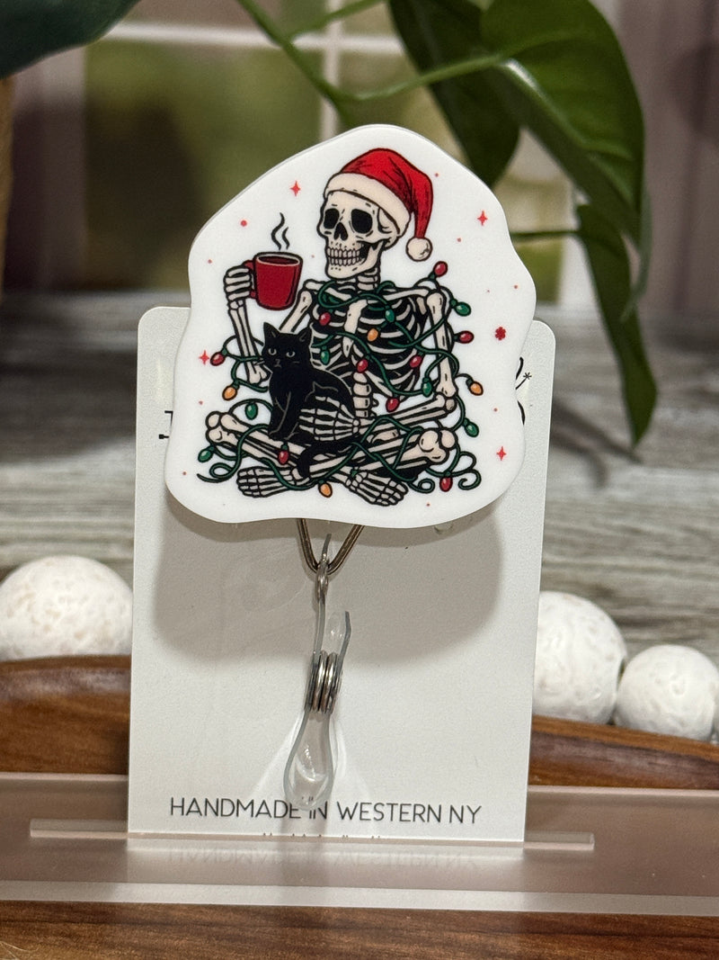 Christmas Skeleton and Black Cat Retractable Badge Reel