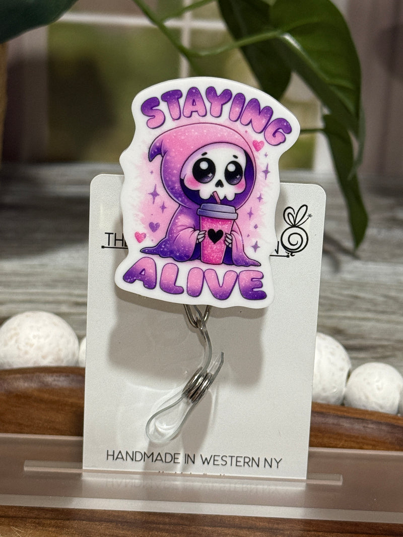 Staying Alive Skeleton Retractable Badge Reel