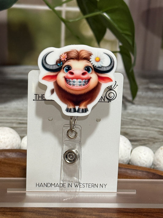 Highland Cow In Braces Retractable Badge Reel