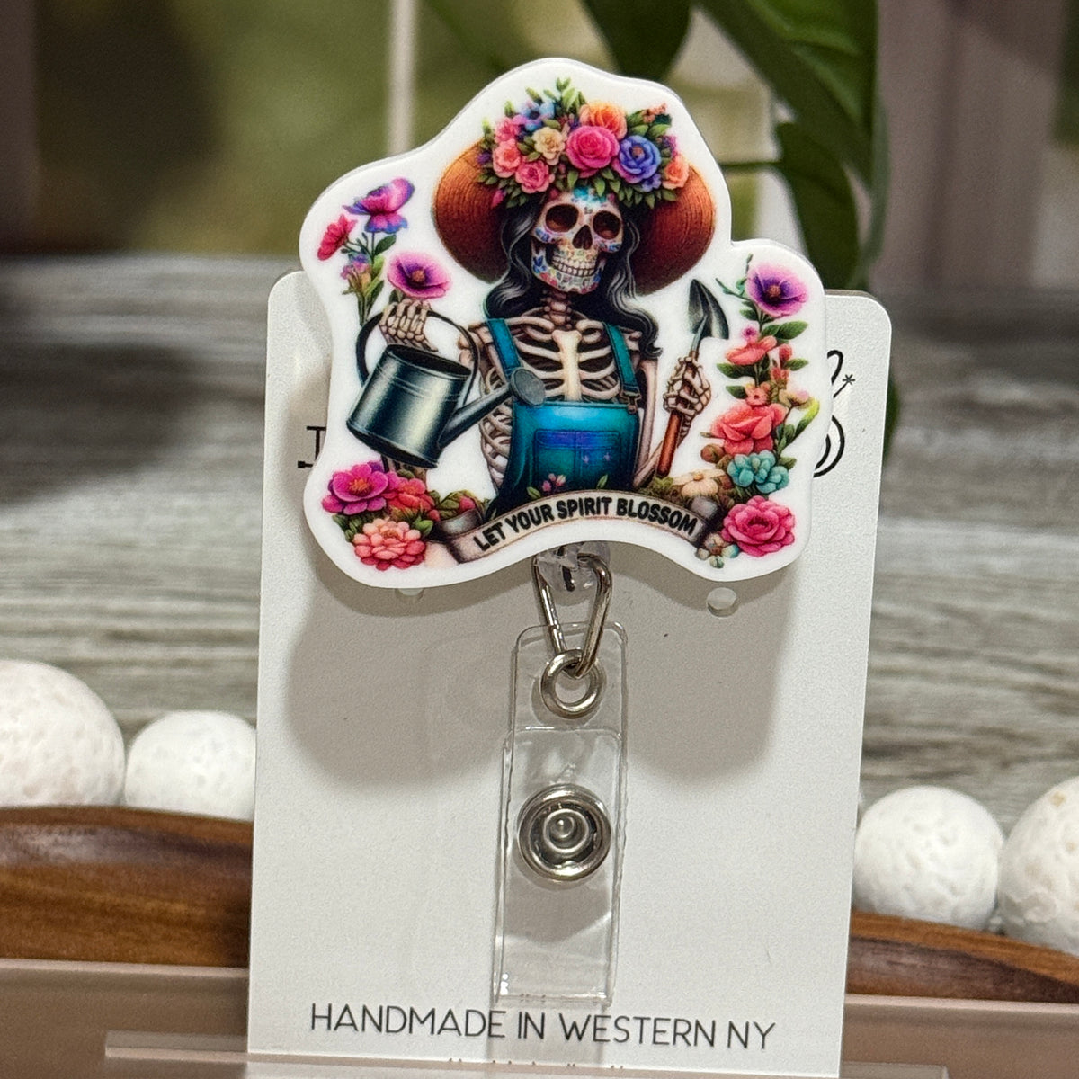 Let Your Spirit Blossom Gardening Skeleton Retractable Badge Reel
