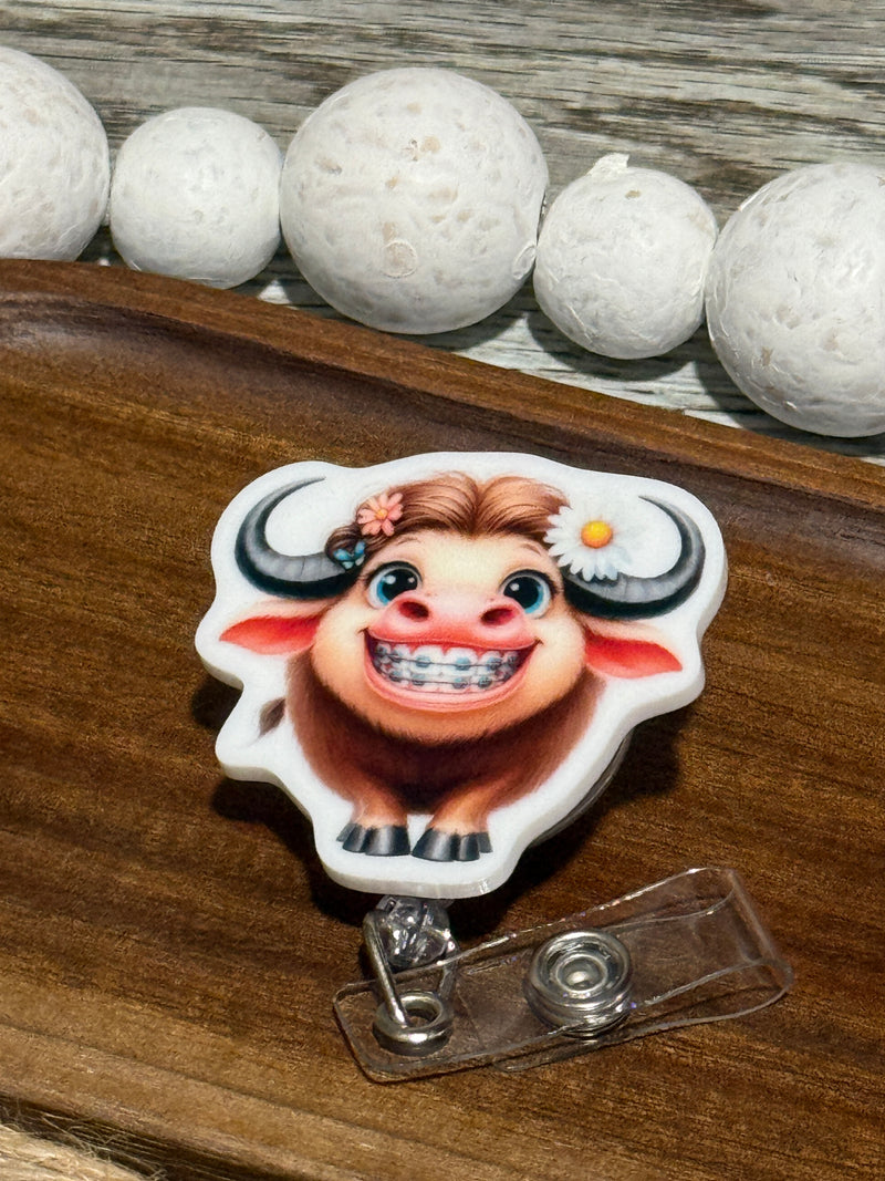 Highland Cow In Braces Retractable Badge Reel