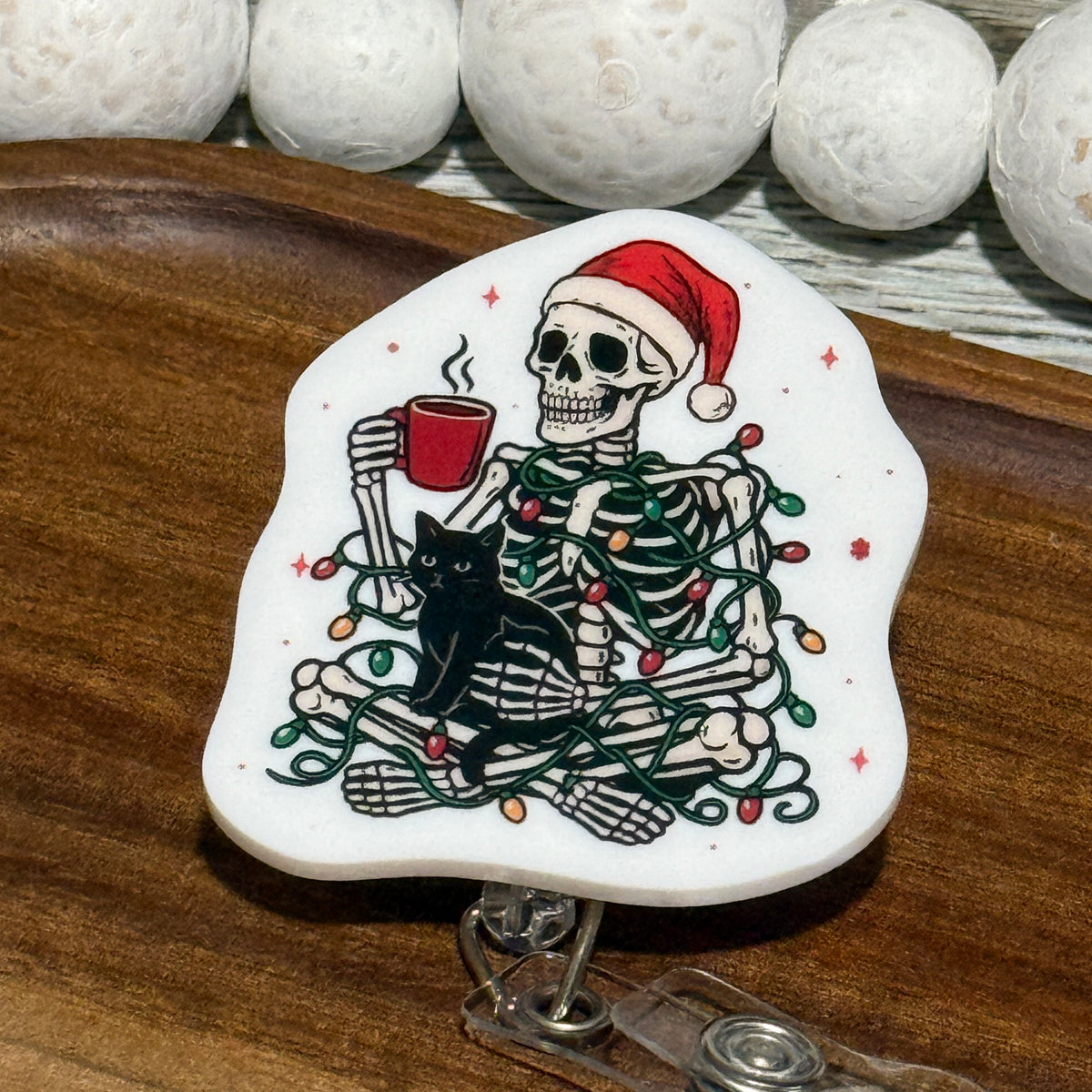Christmas Skeleton and Black Cat Retractable Badge Reel