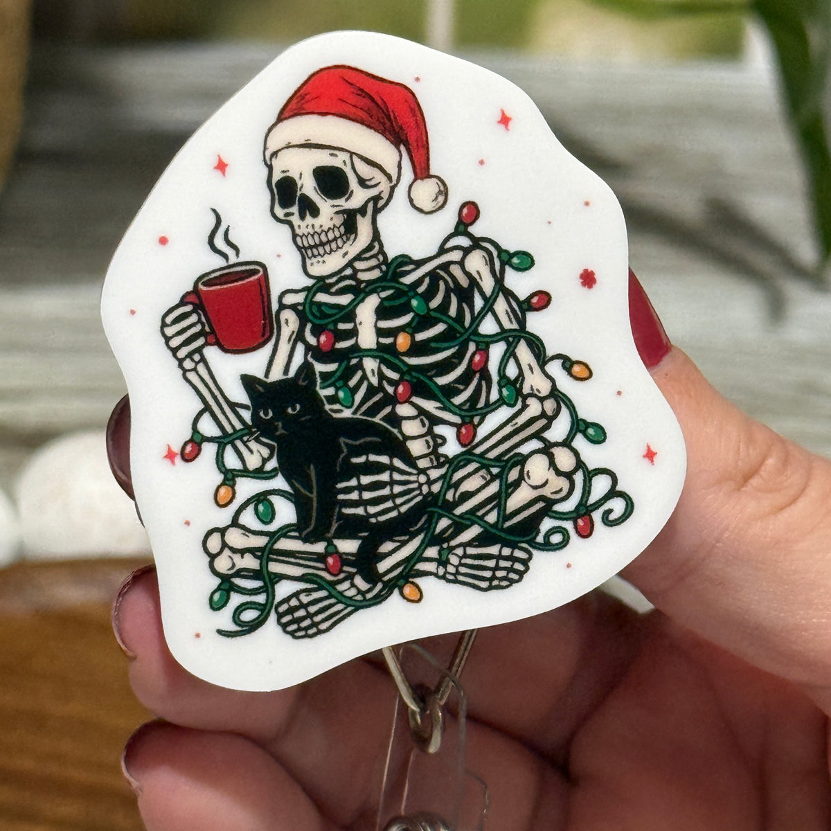 Christmas Skeleton and Black Cat Retractable Badge Reel