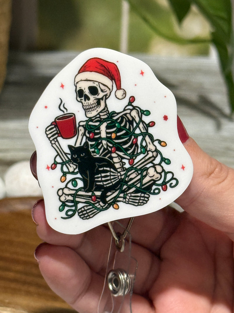 Christmas Skeleton and Black Cat Retractable Badge Reel