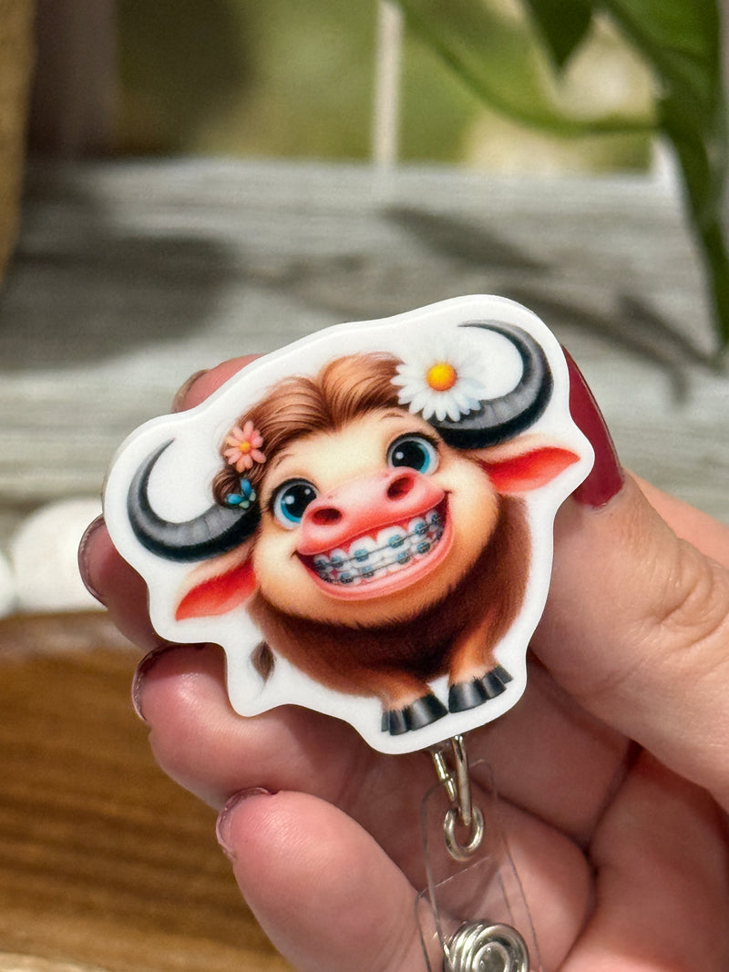 Highland Cow In Braces Retractable Badge Reel