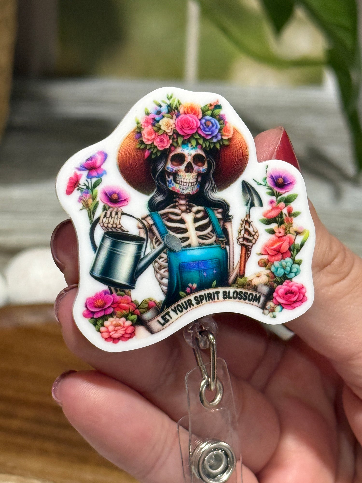 Let Your Spirit Blossom Gardening Skeleton Retractable Badge Reel