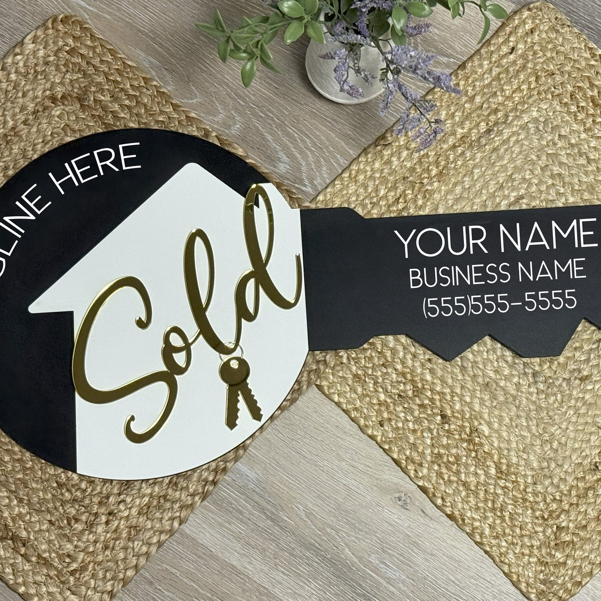 Custom acrylic key sign for real estate agents with personalized name, logo, and QR code, used as a photo prop for closings and branding