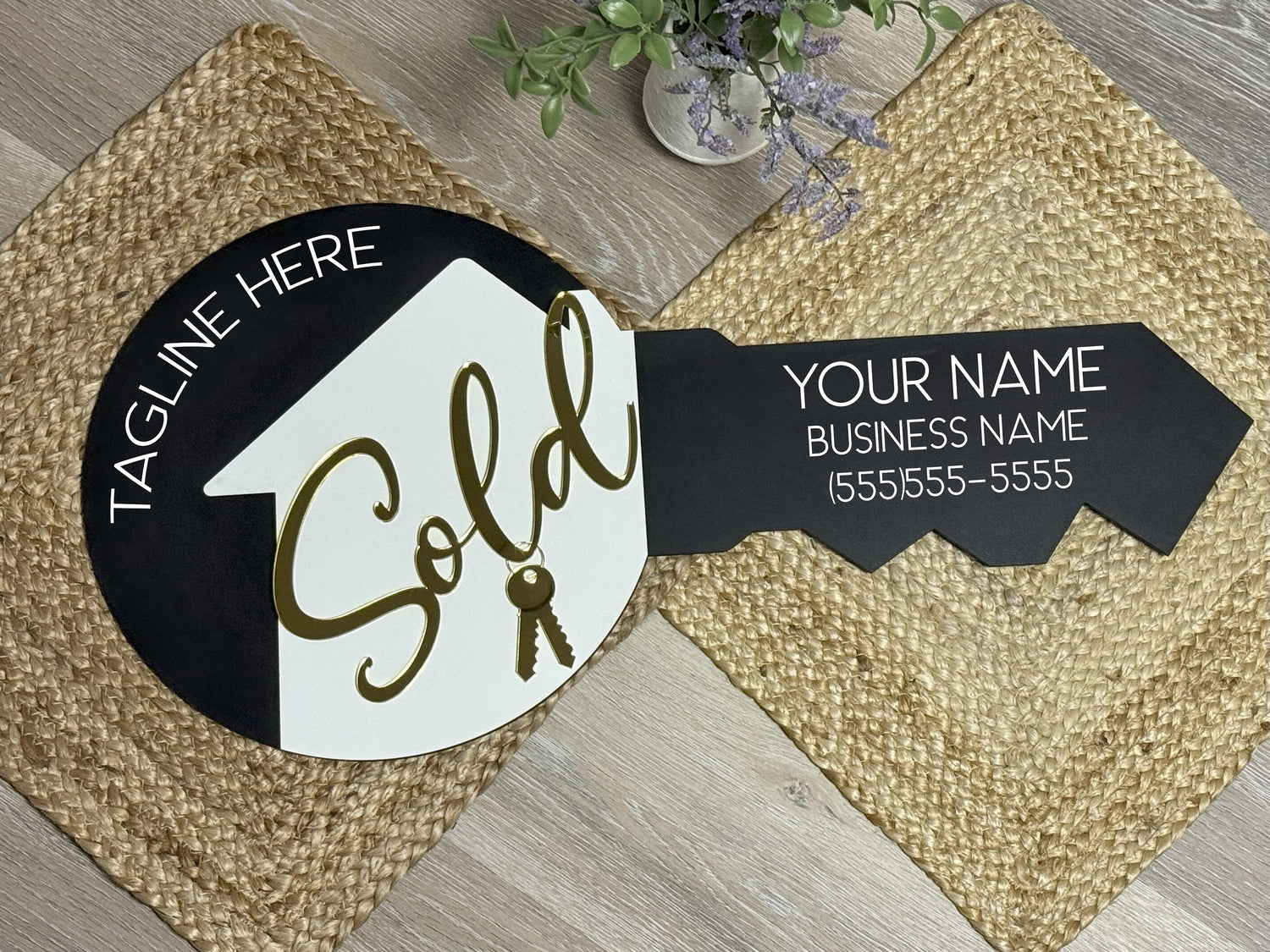 Custom acrylic key sign for real estate agents with personalized name, logo, and QR code, used as a photo prop for closings and branding