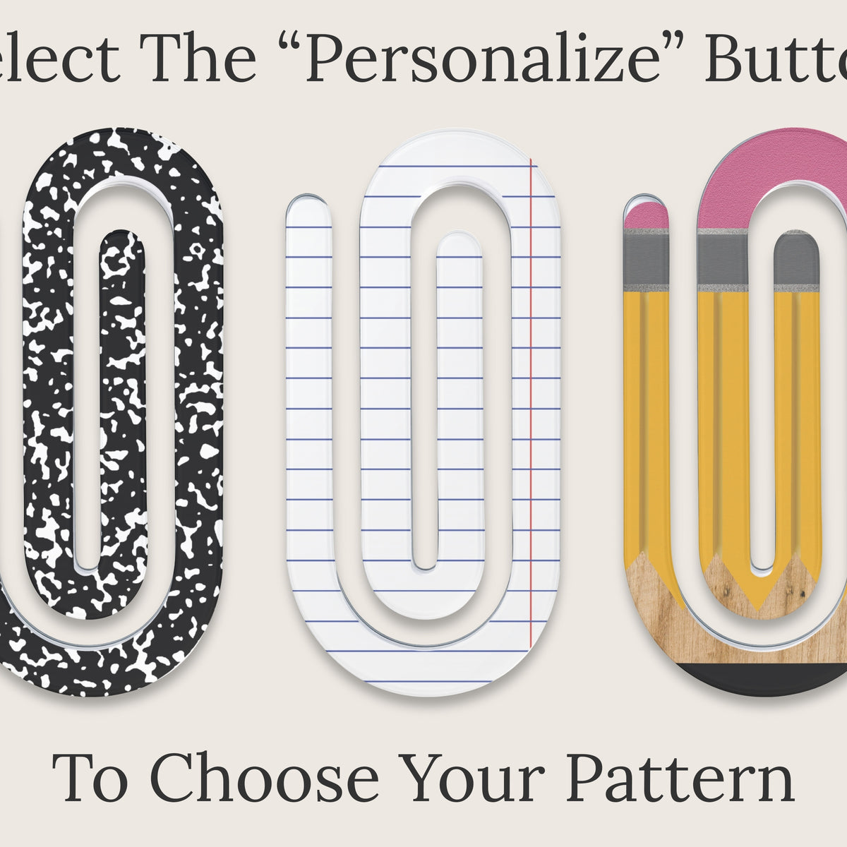 Personalized jumbo paperclip bookmark with UV printed name on acrylic topper, attached to a colorful oversized clip