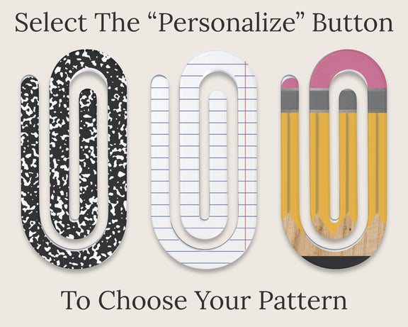 Personalized jumbo paperclip bookmark with UV printed name on acrylic topper, attached to a colorful oversized clip