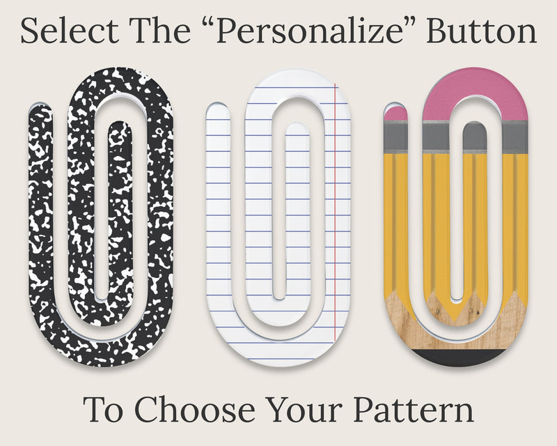 Personalized jumbo paperclip bookmark with UV printed name on acrylic topper, attached to a colorful oversized clip