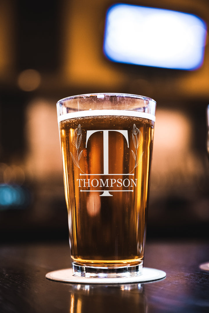 Laser engraved 16oz monogrammed pint glass with pre-designed quote, perfect gift for beer lovers
