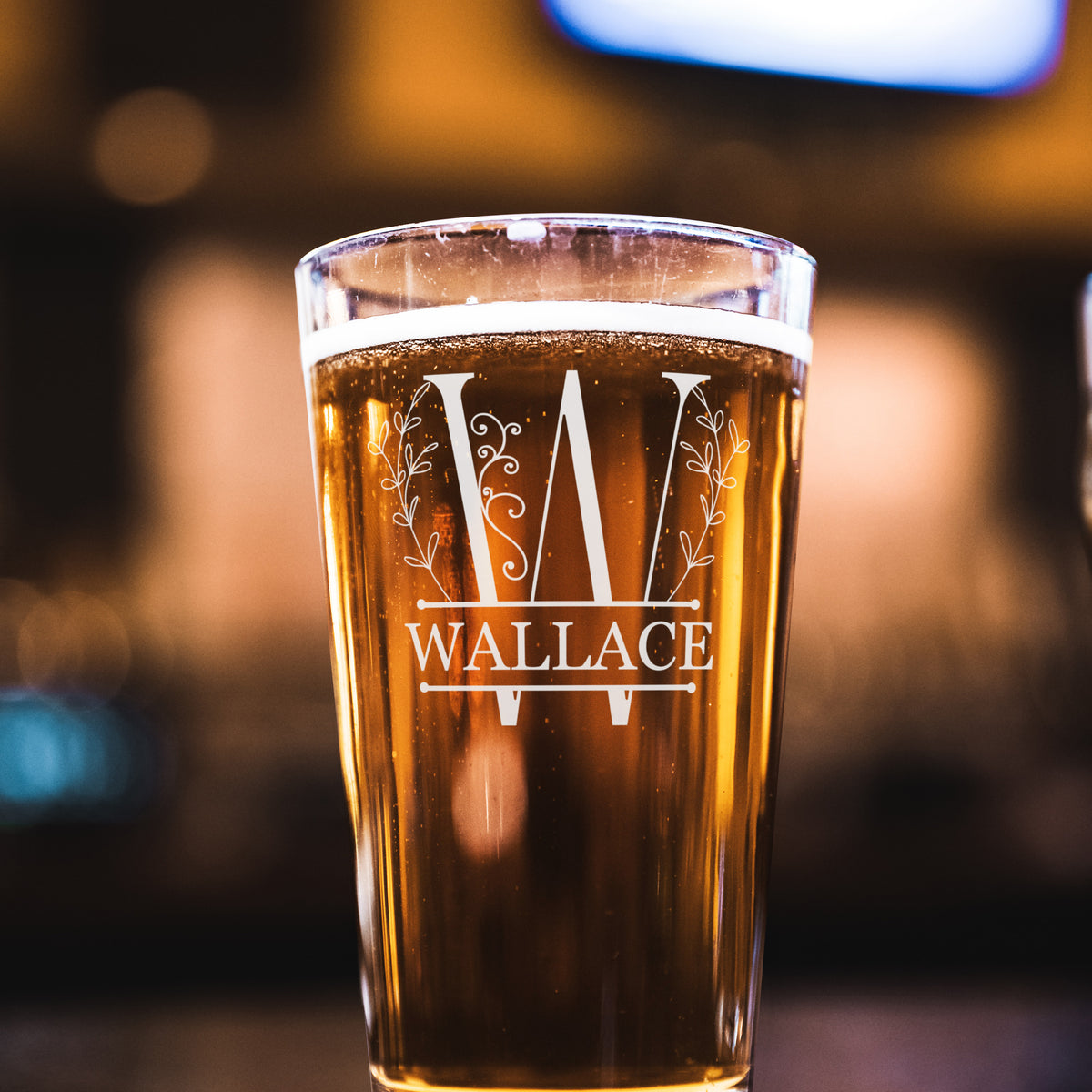 Monogrammed Pint Glass – laser engraved Beer Glass with Pre-Designed Graphics | 16oz Gift for Drink Lovers