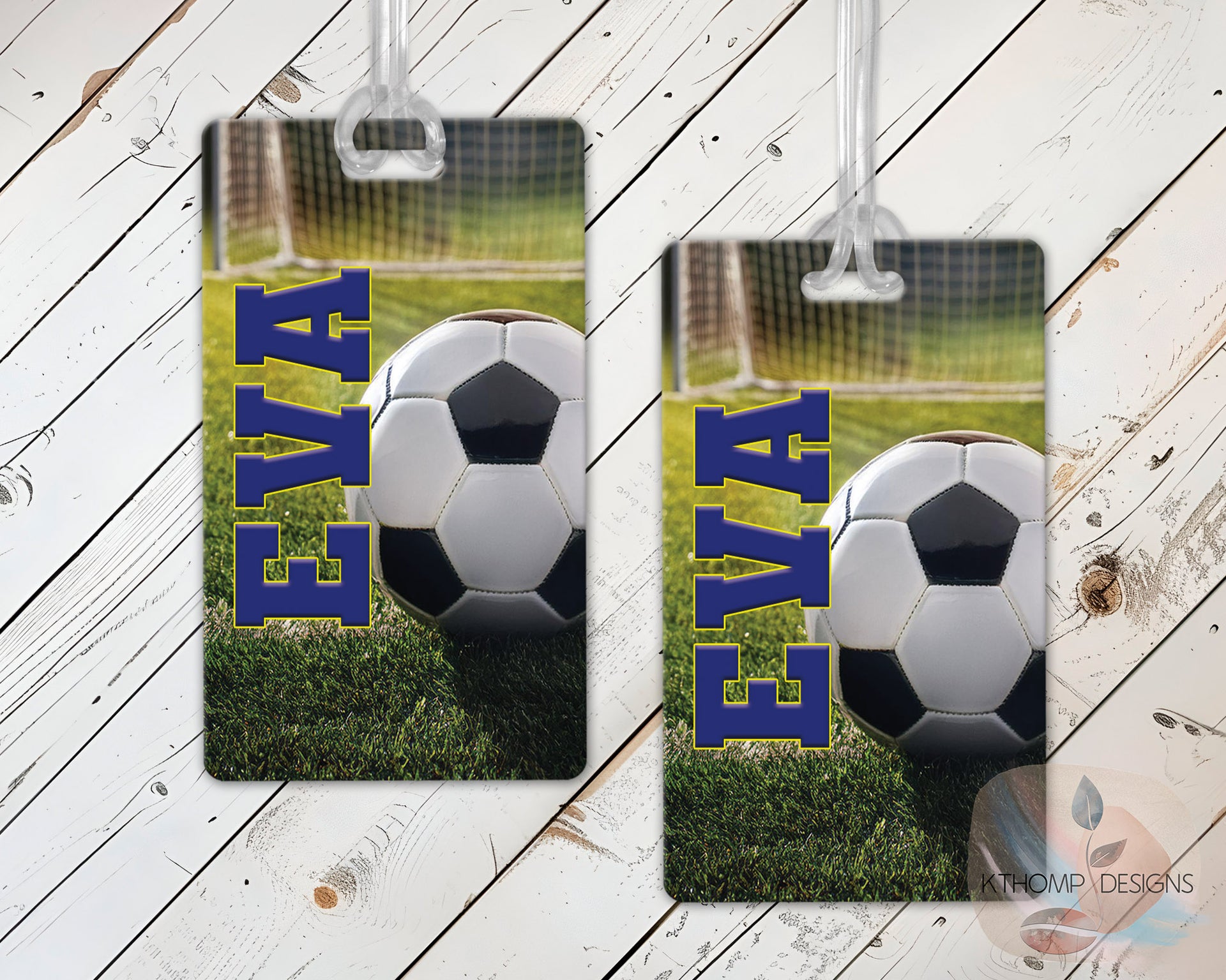 Personalized soccer bag tags with player name and number shown on a wood background