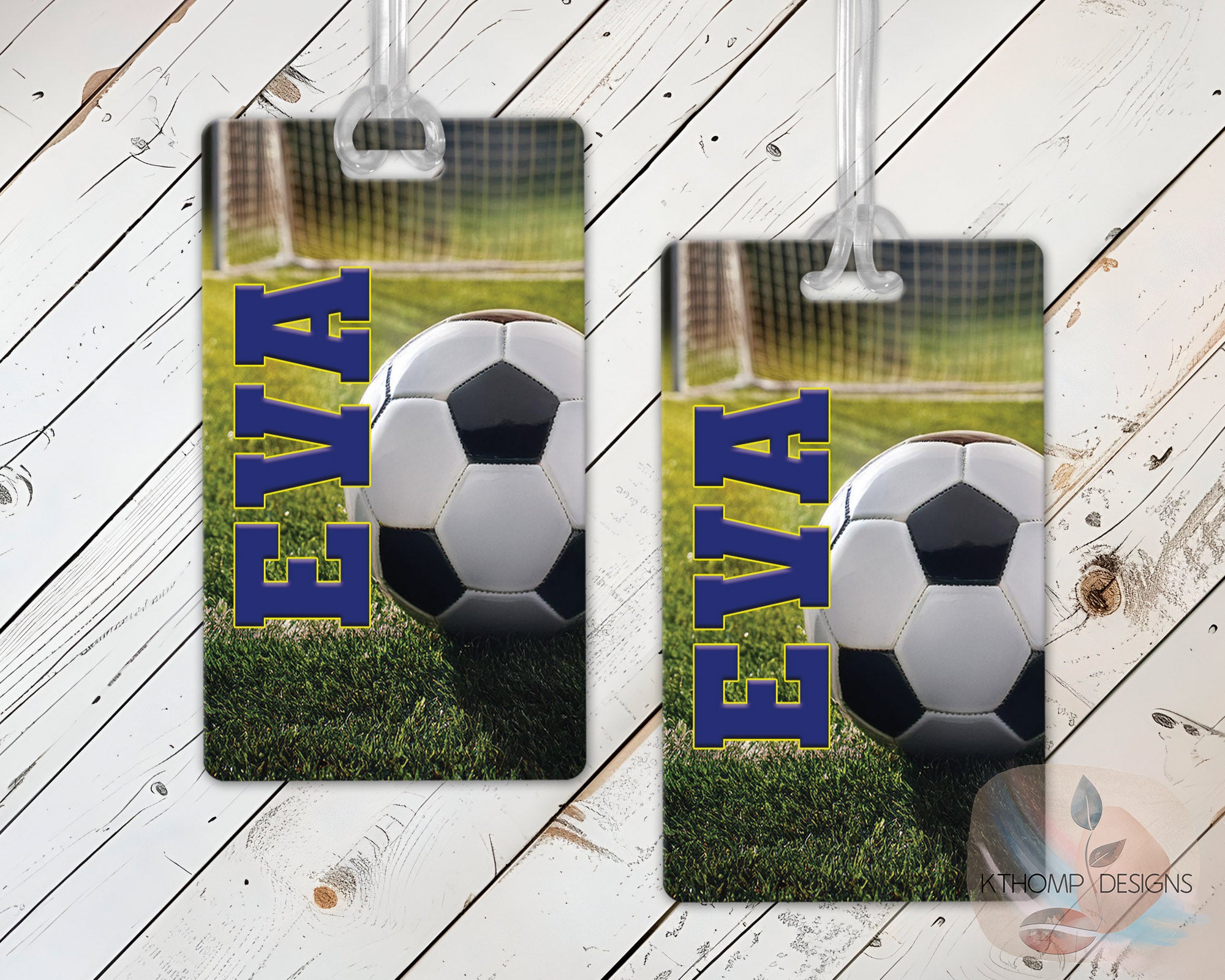 Personalized soccer bag tags with player name and number shown on a wood background