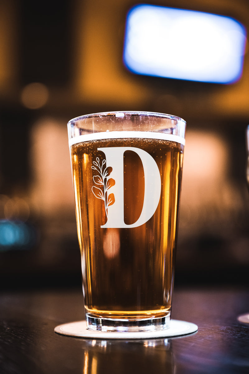 Monogrammed Pint Glass – laser engraved Beer Glass with Pre-Designed Graphics | 16oz Gift for Drink Lovers
