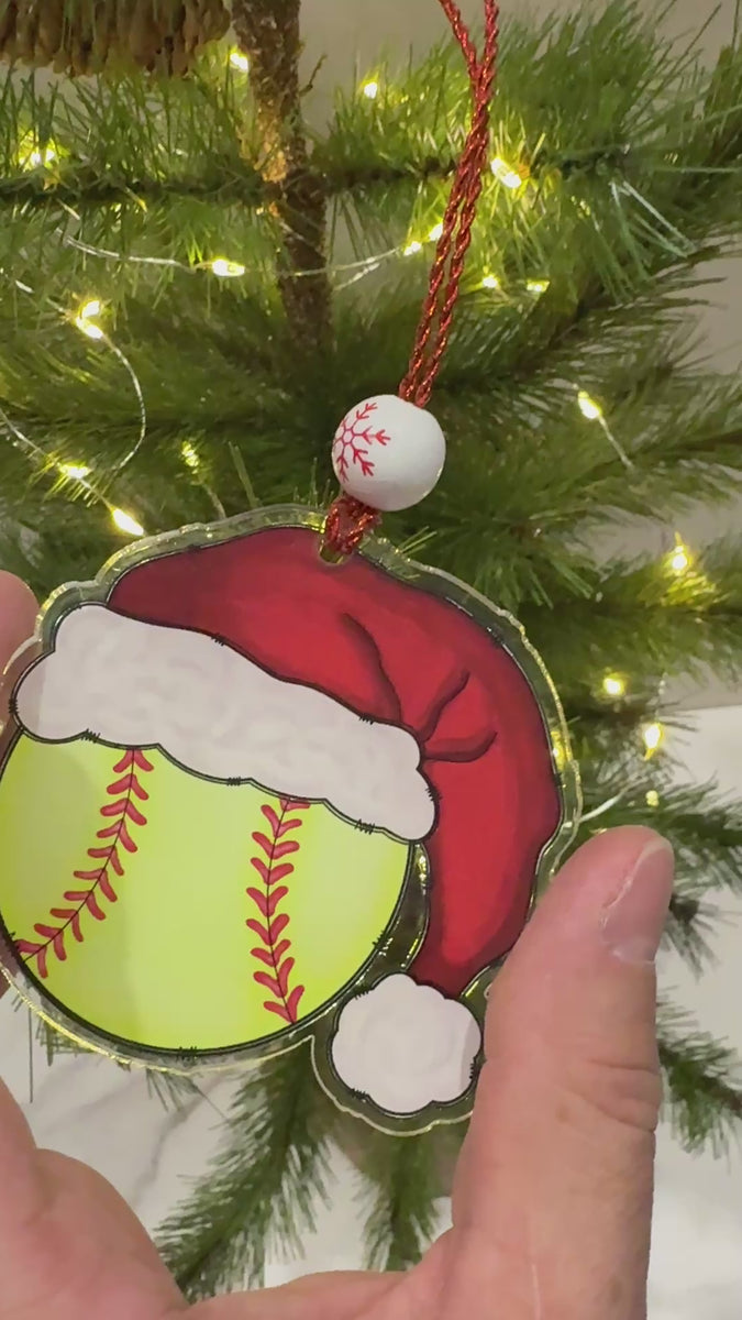Sports Santa Hat Ornament Laser Engraved Holiday Decor, Custom Acrylic Christmas Gift